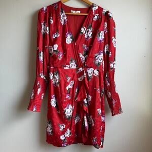 WAYF Red Rose Floral Wrap Mini Dress Ruffle Long Sleeve Tie Waist L